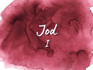Weißer handgeschriebener Text "Jod I" auf einem strukturierten kastanienbraunen Aquarellhintergrund.